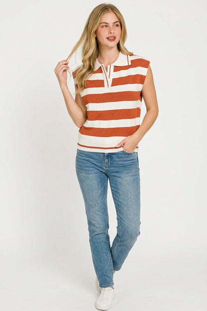 Zenana Viscose Striped Collared Sweater Vest