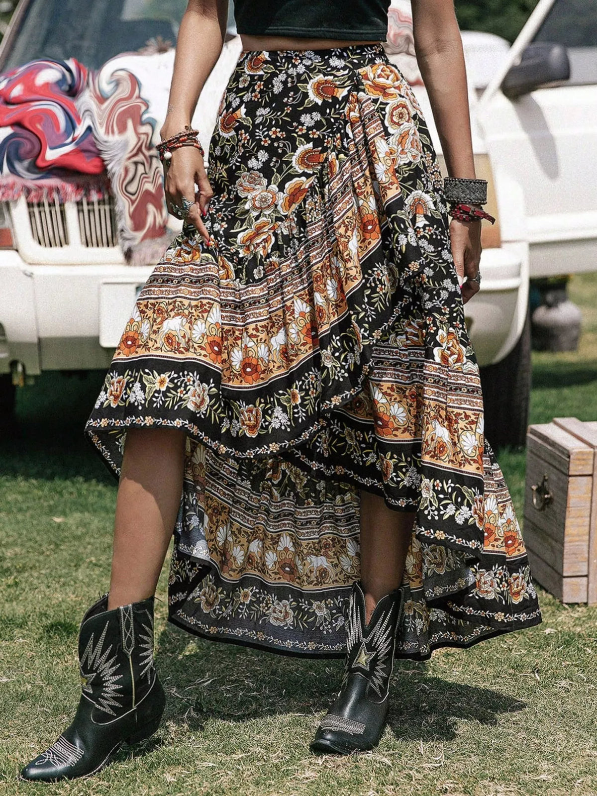 Plus Size Boho Floral Print High-Low Skirt