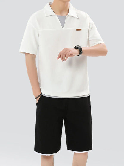Men's Plus Size Johnny Collar Top and Shorts Set