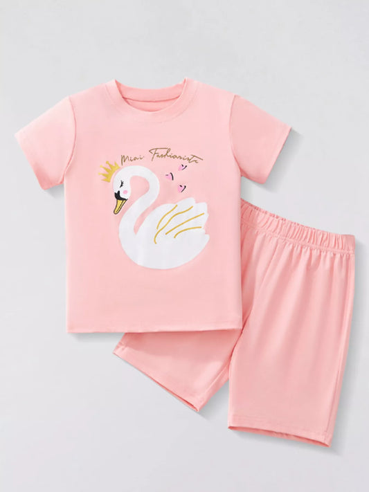 Children's Swan Round Neck Tee and Shorts Casual Set