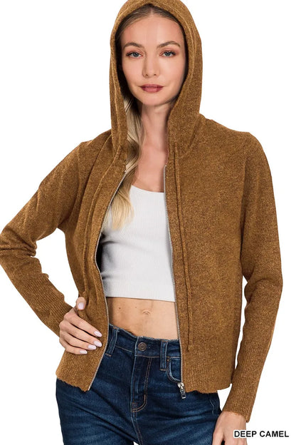 Zenana Drawstring Zip Up Hooded Cardigan