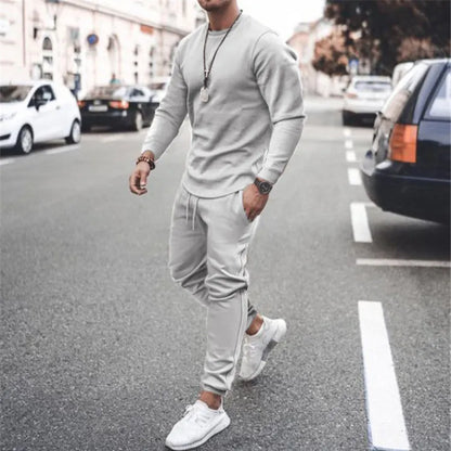 Men's Full Size Round Neck Long Sleeve Top and Pants Set Plus Size