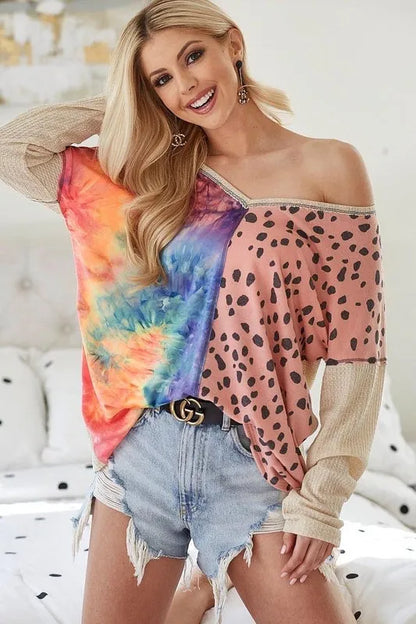 BiBi Print Block V Neck Top with Contrast Stitching