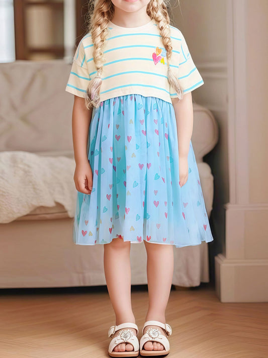 Children's Striped Heart Print Tulle Dress