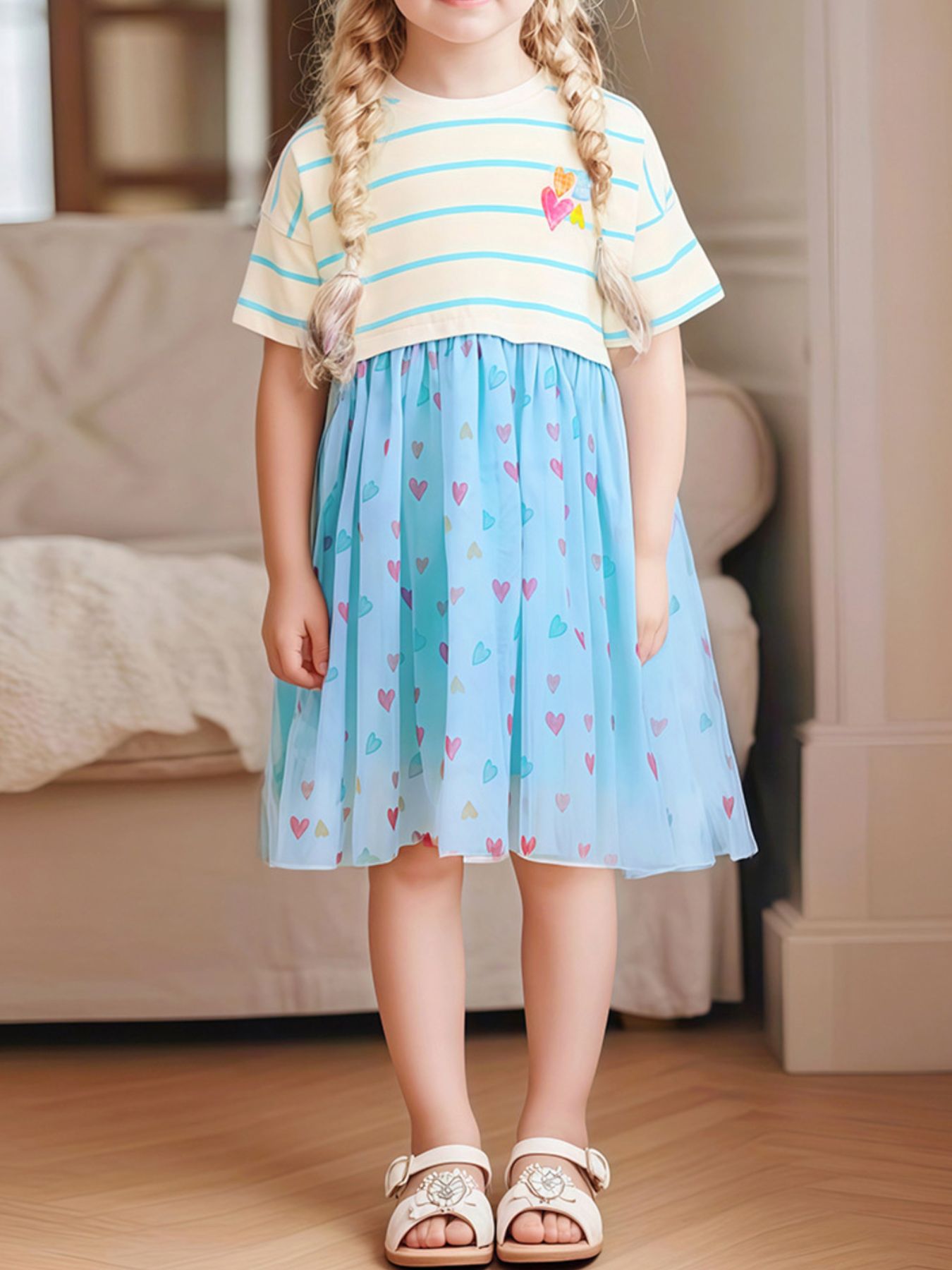 Children's Striped Heart Print Tulle Dress
