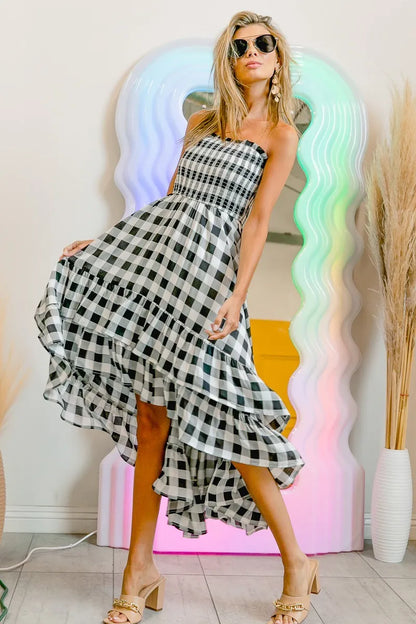BiBi Smocked Body Off Shoulder Check Dress