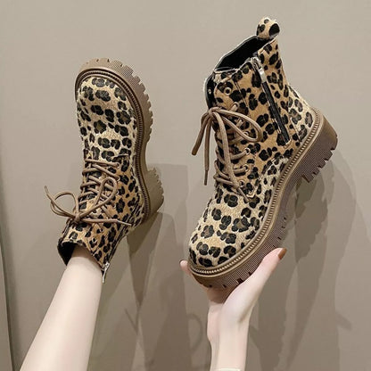 Animal Print Lace-Up Ankle Boots