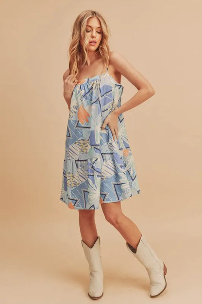 Aemi + Co Printed Ruffled Hem Square Neck Mini Cami Dress