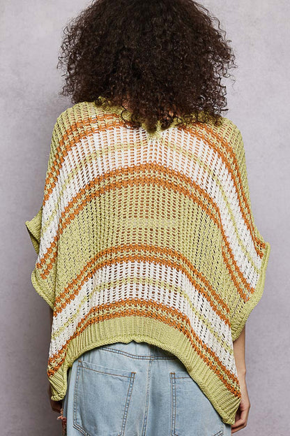 POL Openwork Lightweight Striped V-Neck Knit Top