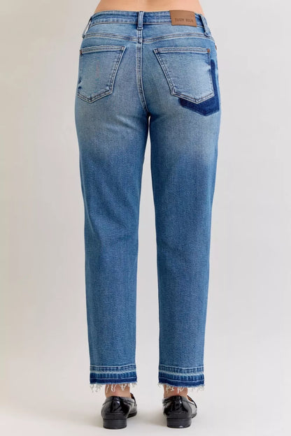 Judy Blue Full Size Mid Rise Bf Patch & Repair Destroy Release Hem Jeans Plus Size