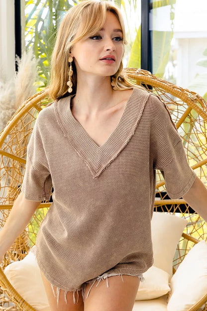 BiBi Mineral Washed V-Neck Cut Edge Detail Top