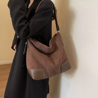 Suede Tote Bag with Leather Trim