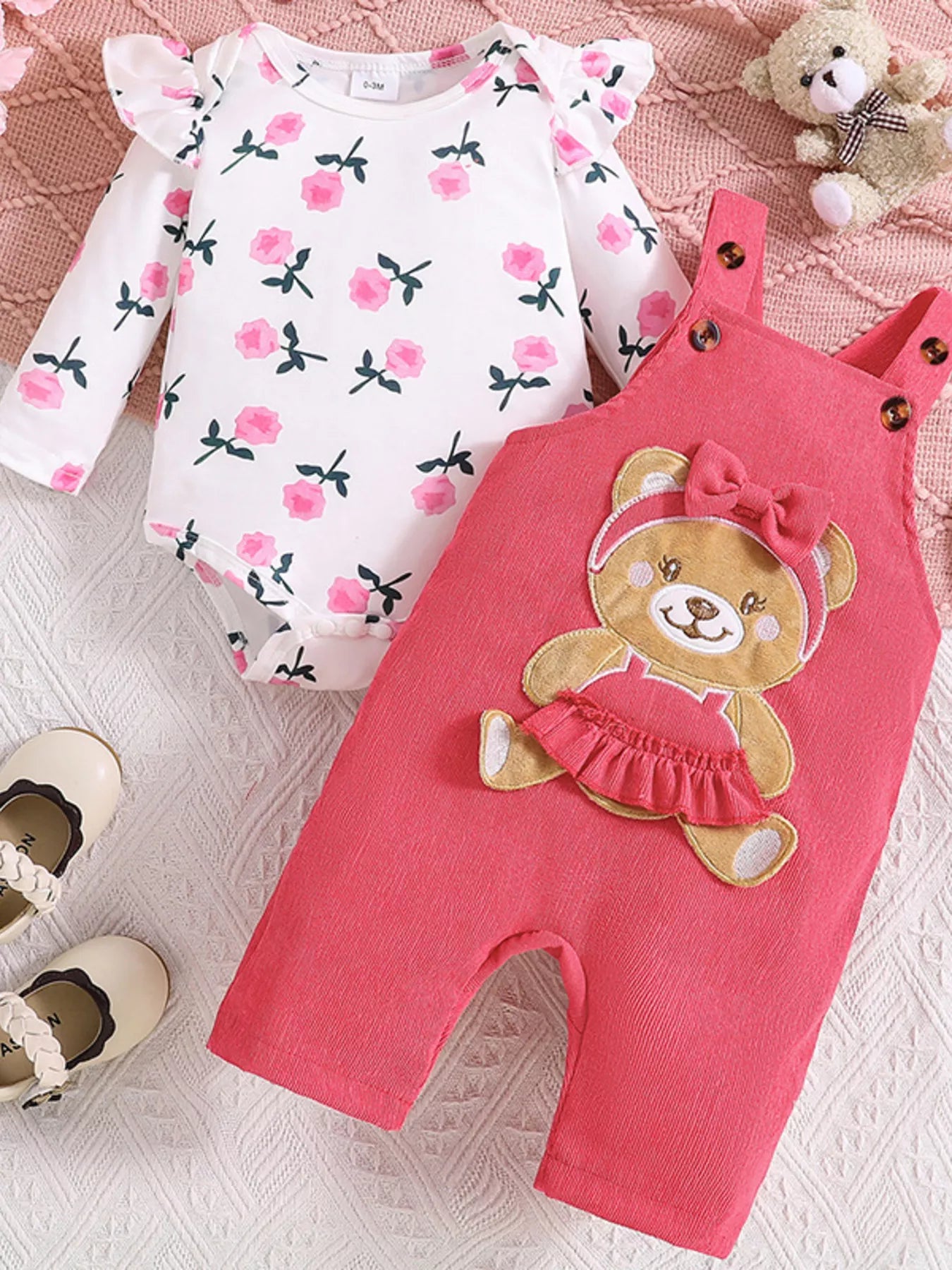 Children's Floral Bodysuit and Bear Overalls Set with Headband