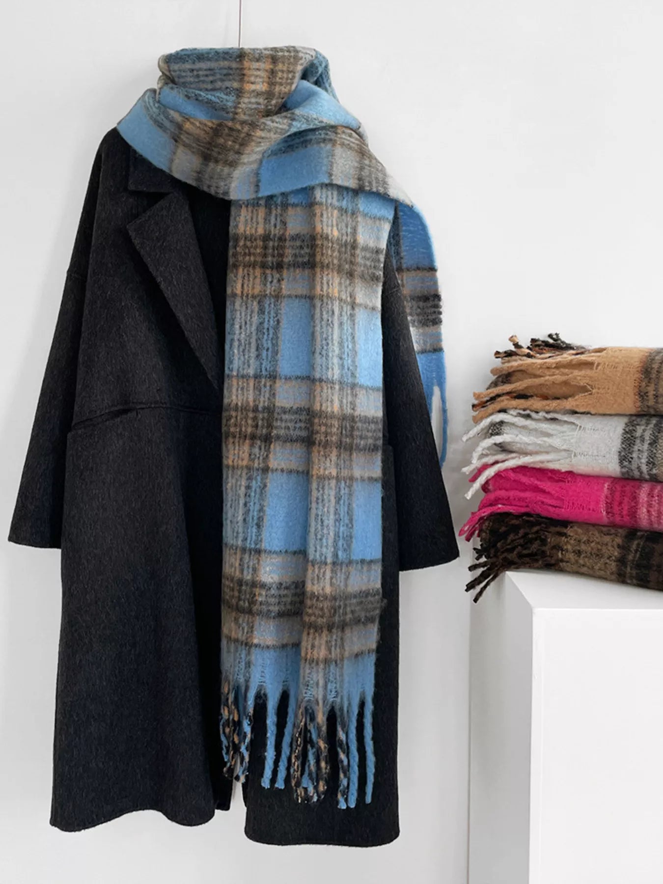 Fuzzy Plaid Fringe Scarf