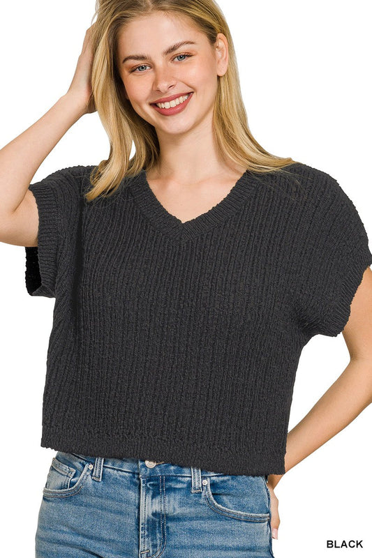 Zenana Textured Knit V-Neck Cropped Sweater