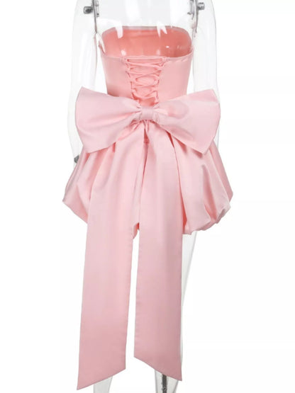 Elegant Strapless Bowknot Bubble Hem Mini Dress