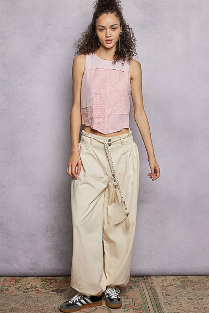 POL Ribbed Round Neck Cropped Tank with Lace Detail