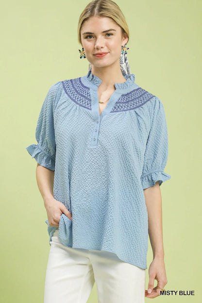 Umgee Textured Henley Blouse with Ruffle Cuffs