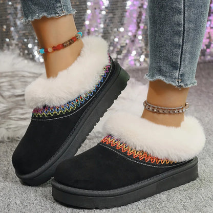 Fur-Lined Platform Boots with Decorative Woven Strap