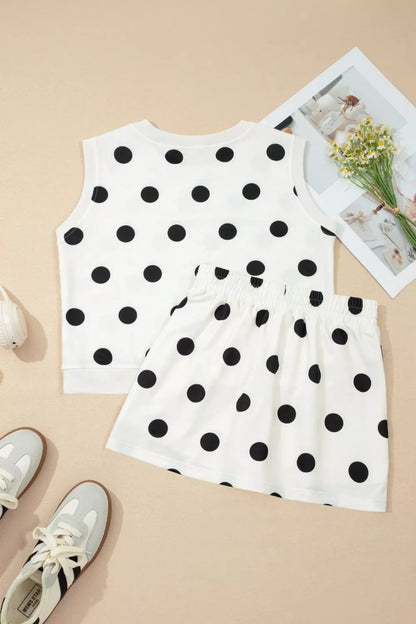 Ribbed Trim Polka Dot Print Tank Split Mini Skort 2pcs Set