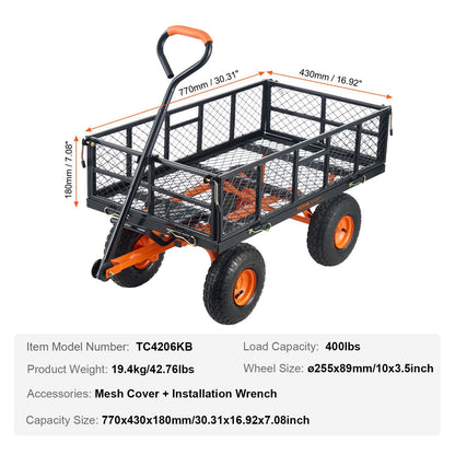 VEVOR Dump Cart, Metal Garden Dump Cart With Easy To Assemble Frame, Dump Wagon With 2-in-1 Convertible Handle, Utility Wheelbarrow 400 Lbs Capacity, 10 Inch Tires