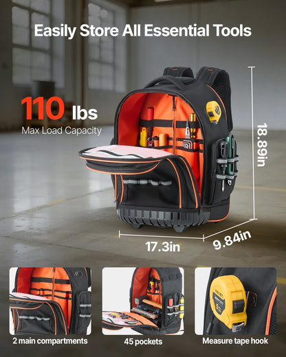 Rolling Tool Backpack, 110 Lbs Load Capacity, 45 Pockets Heavy Duty Roller Tool Bag On Wheels, Adjustable Telescoping Handle & Stable Base, Toolbag Organizers For Construction, Mechanic
