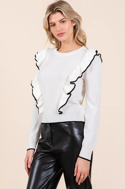 Mittoshop Contrast Trim Ruffled Round Neck Knit Top