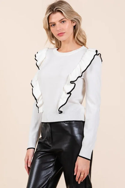 Mittoshop Contrast Trim Ruffled Round Neck Knit Top