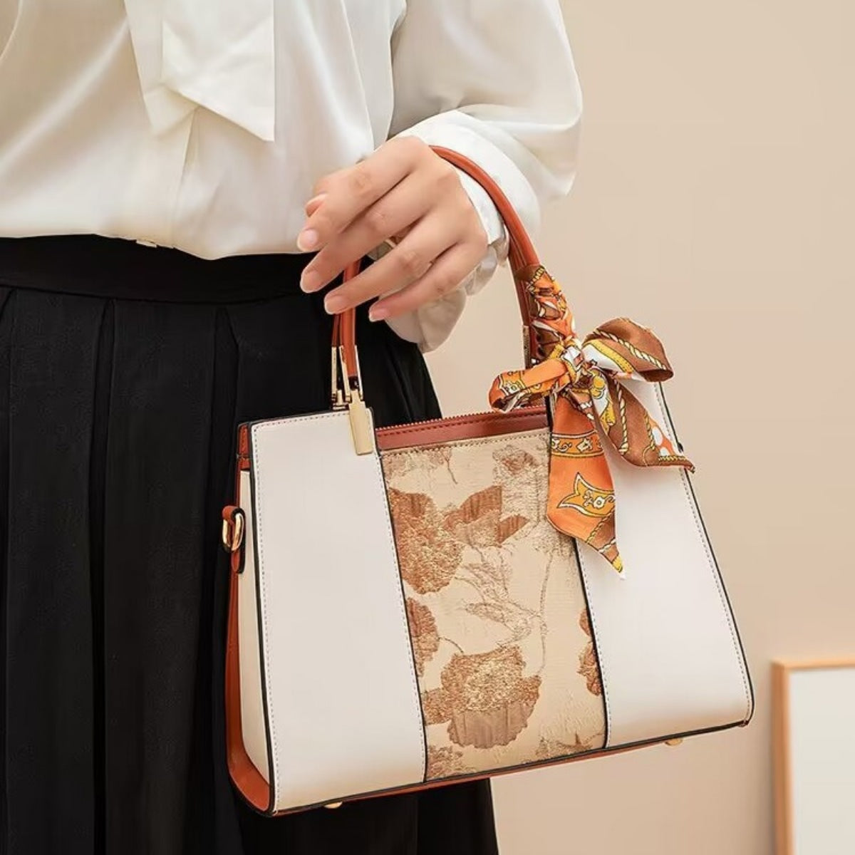 Top Handle Handbag with Scarf Accent