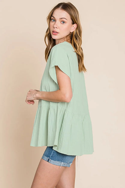 Cotton Bleu by Nu Lab Ruched Notched Short Sleeve Blouse