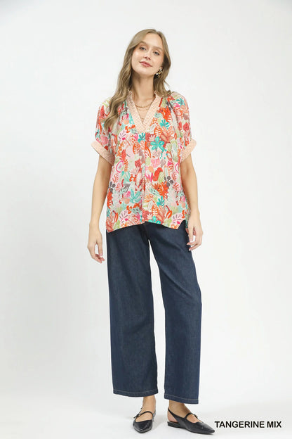 Umgee Mix Boho Printed V-Neck Top
