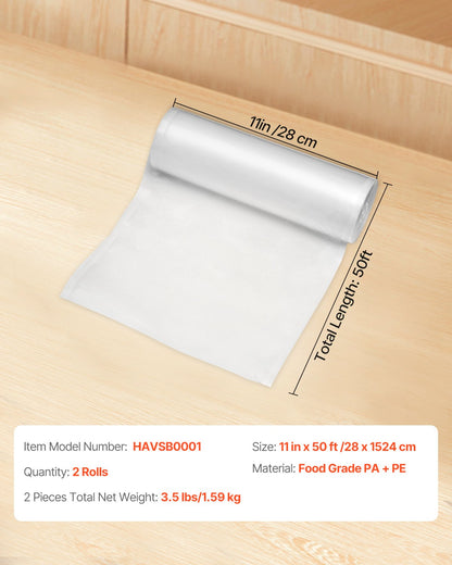 Vacuum Sealer Bags 2 Rolls 11 In X 50 Ft Non-BPA Food Grade Sealing Storage Bag