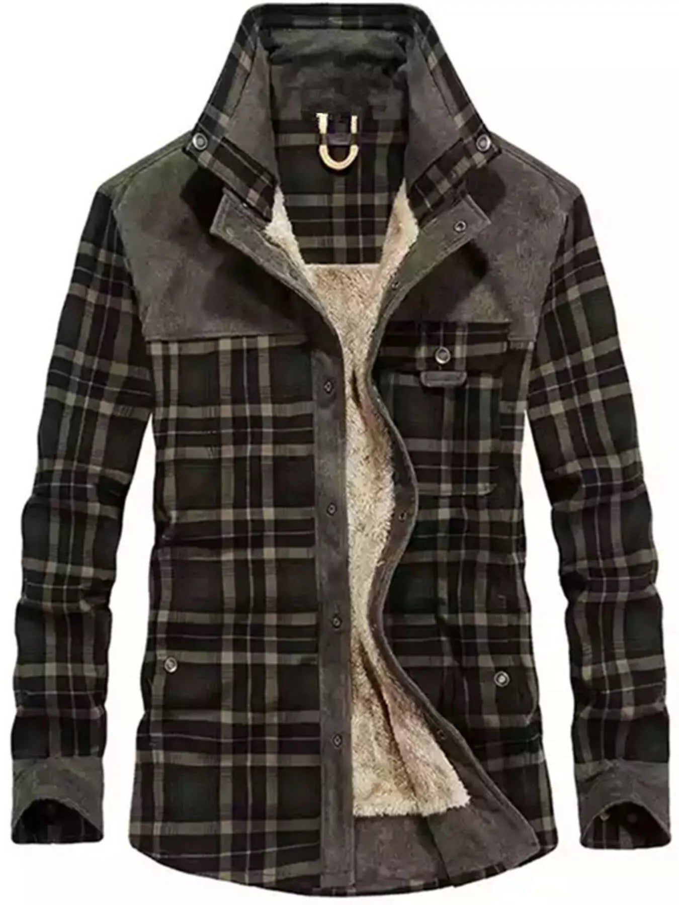Men's Full Size Plaid Fleece Lined Snap Down Jacket Plus Size