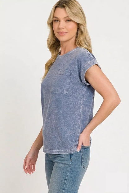 Zenana Halo Snow Washed Cuffed Short Sleeve Tee