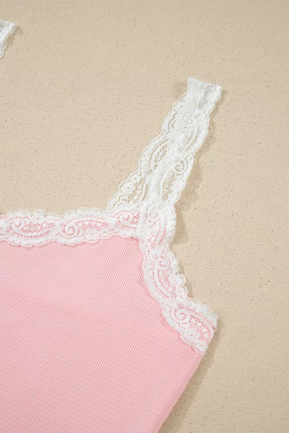 Ribbed Knit Lace Straps Patchwork Lettuce Hem Cropped Top Floral Short Lounge Set