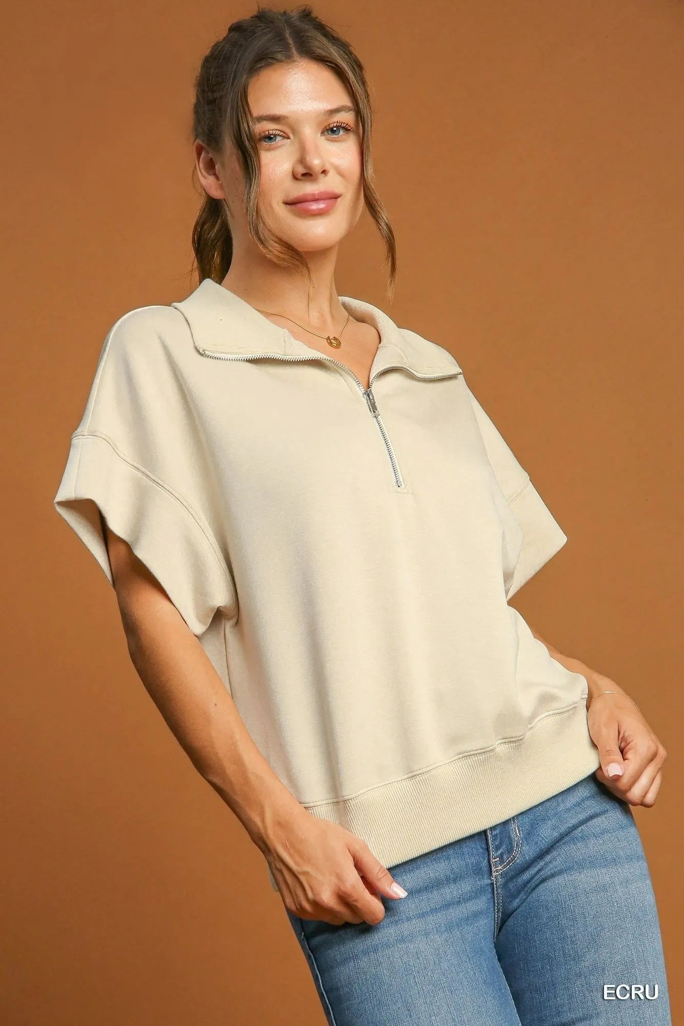 Umgee Full Size Half-Zip Short Sleeve Top Plus Size