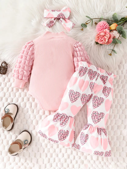 Children's Bubble Texture Long Sleeve Top and Pants Set with Headband