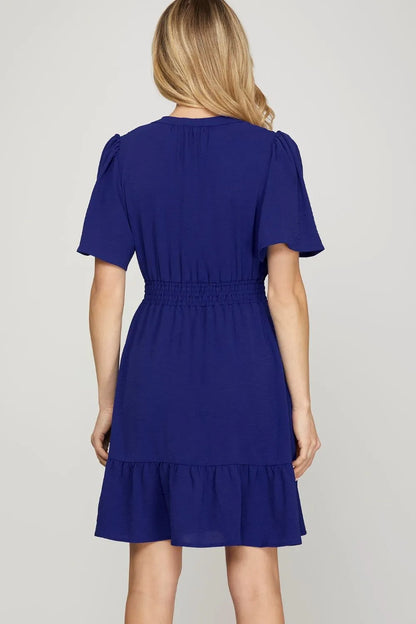 She + Sky Ruffled Hem Notched Flutter Sleeve Mini Dress