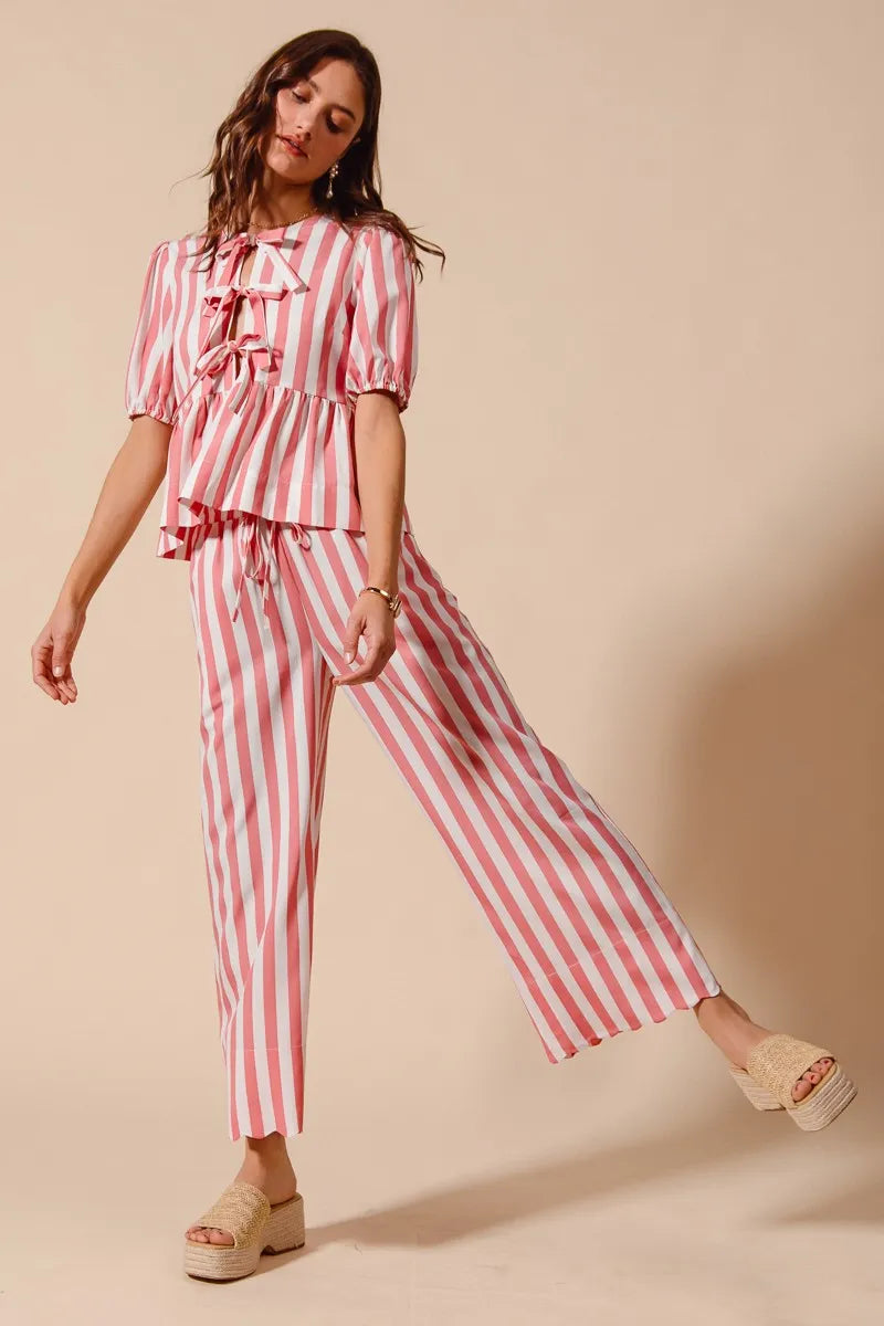 SO ME Front Tie Stripe Top With Puff Sleeves and Wide Leg Pants Set