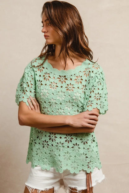 BiBi Openwork Crochet Short Sleeve Knit Top