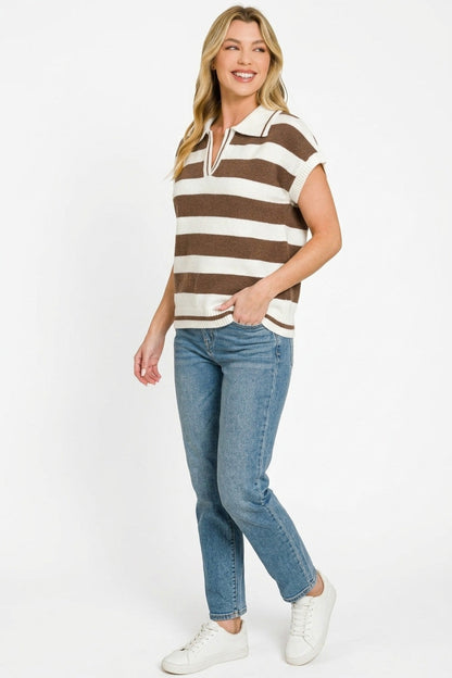 Zenana Striped Collared Short Sleeve Sweater