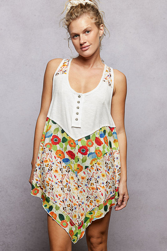POL Round Neck Ribbed Tank with Woven Print Patch