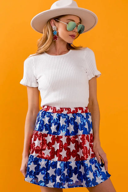 BiBi American Flag Theme Star Sequin Tiered Skirt