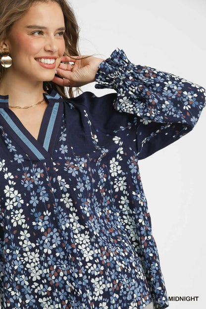 Umgee Full Size Floral Vine Print Blouse with Balloon Sleeves Plus Size