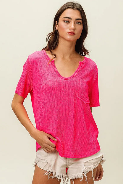 BiBi Waved Rib U Neck Top With Front Pocket