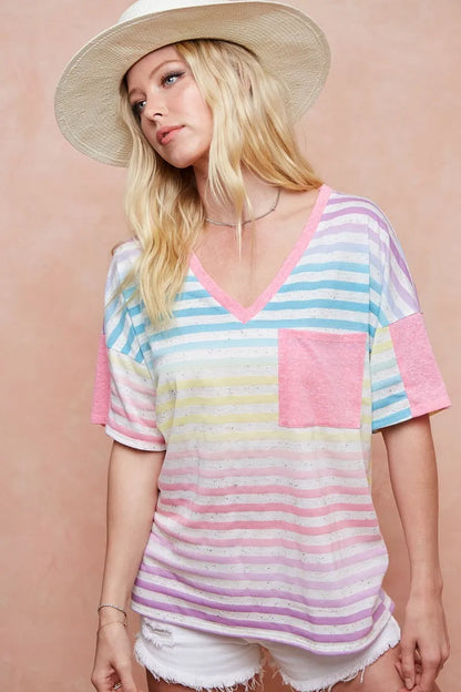 BiBi Rainbow Stripe Printed Triblend Knit Top