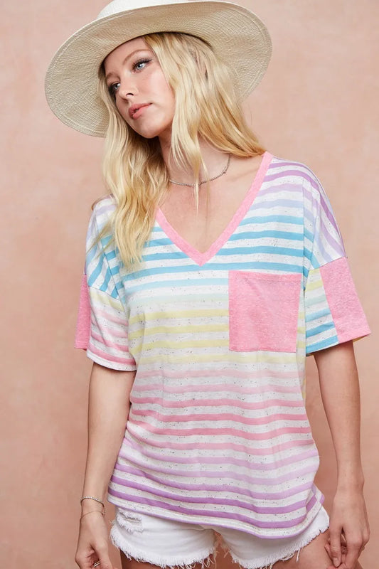 BiBi Rainbow Stripe Printed Triblend Knit Top