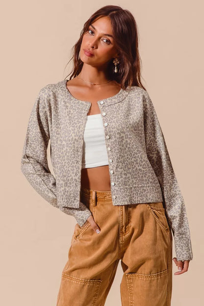 SO ME Two Tone Leopard Vintage Print Button Up Cardigan