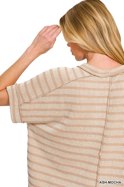 Zenana Raised Rib Striped Exposed Seam Top