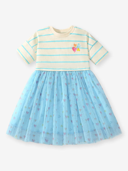 Children's Striped Heart Print Tulle Dress